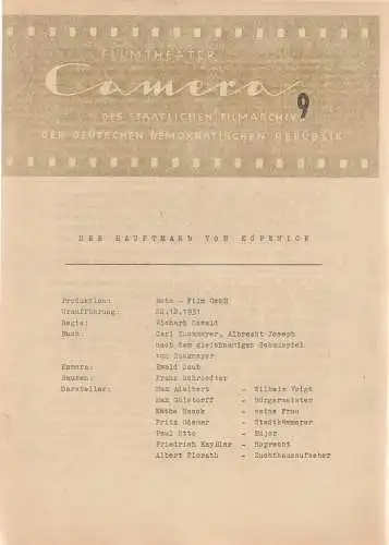 Filmtheater CAMERA des Staatlichen Filmarchivs der Deutschen Demokratischen Republik: Programmheft Roto Film DER HAUPTMANN VON KÖPENICK Heft 9. 