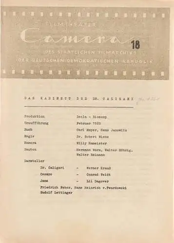 Filmtheater CAMERA des Staatlichen Filmarchivs der Deutschen Demokratischen Republik: Programmheft Decla-Bioscop DAS KABINETT DES DR. CALIGARI Filmtheater CAMERA 1962. 