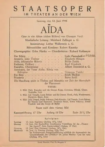 Staatsoper im Theater an der Wien: Theaterzettel Giuseppe Verdi AIDA 12. Juni 1948. 