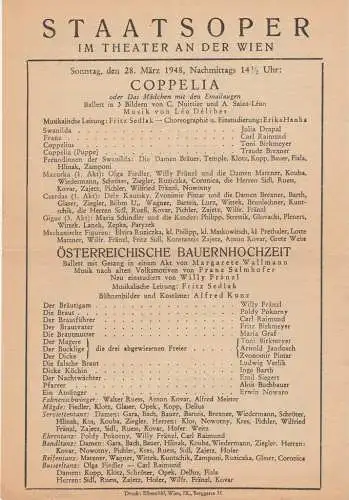 Staatsoper im Theater an der Wien: Theaterzettel Leo Delibes COPPELIA /  Franz Salmhofer ÖSTERREICHISCHE BAUERNHOCHZEIT 28. März 1948. 