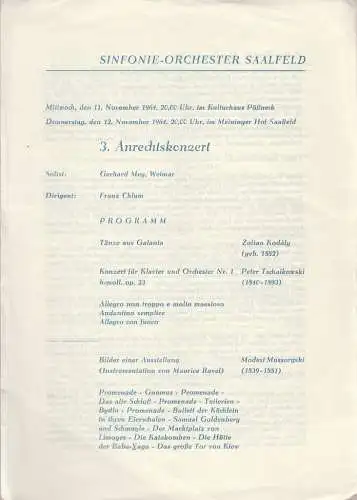 Sinfonie-Orchester Saalfeld: Programmheft SINFONIE ORCHESTER SAALFELD 3. ANRECHTSKONZERT 11. + 12.  November 1964 Kulturhaus Pößneck  und Meininger Hof Saalfeld. 