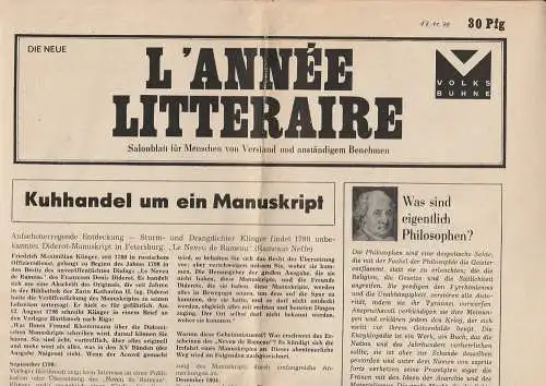Volksbühne am Rosa Luxemburg Platz, Benno Besson, Brigitte Soubeyran, Bernd Frank, Ernstgeorg Hering, Helmut Straßburger, Maurice Taszman, Klaus Waack: Programmheft DIE NEUE L ANNEE LITTERAIRE.. 