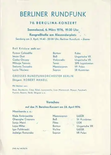 Berliner Rundfunk: Theaterzettel BERLINER RUNDFUNK 70. BEROLINA-KONZERT  6. März 1976 Kongreßhalle am Alexanderplatz. 