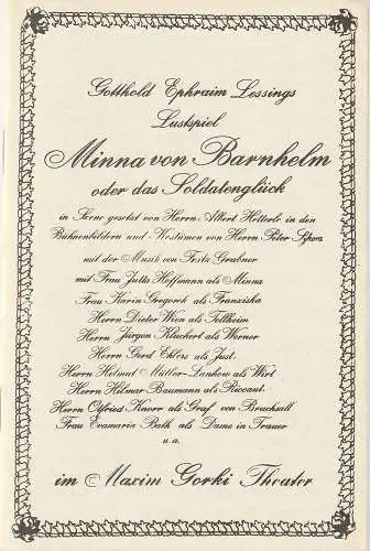 Maxim Gorki Theater, Albert Hetterle, Manfred Möckel, Werner Knispel: Programmheft Gotthold Ephraim Lessing MINNA VON BARNHELM oder DAS SOLDATENGLÜCK Premiere 6. und 7. Februar 1972 Spielzeit 1971 / 72 Heft 3. 
