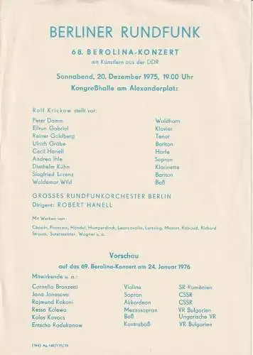 Berliner  Rundfunk: Theaterzettel BERLINER RUNDFUNK 68. BEROLINA-KONZERT 20. Dezember 1975 Kongreßhalle am Alexanderplatz. 