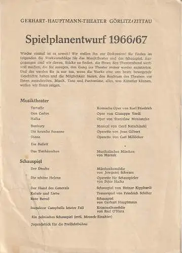 Gerhart-Hauptmann-Theater Görlitz / Zittau: SPIELPLANENTWURF Gerhart-Hauptmann-Theater Görlitz / Zittau 1966 / 1967. 