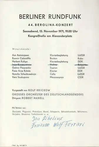 Berliner Rundfunk: Theaterzettel BERLINER RUNDFUNK  44. BEROLINA-KONZERT 13. November 1971 Kongreßhalle am Alexanderplatz. 
