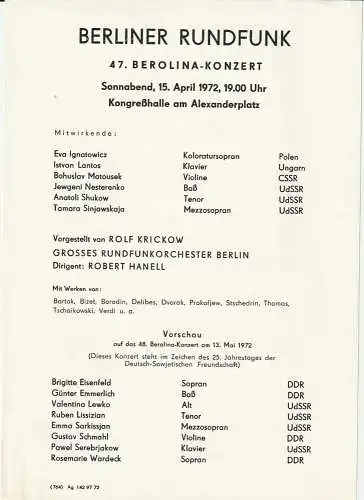 Berliner Rundfunk: Theaterzettel BERLINER RUNDFUNK  47. BEROLINA-KONZERT 15. April 1972 Kongreßhalle am Alexanderplatz. 
