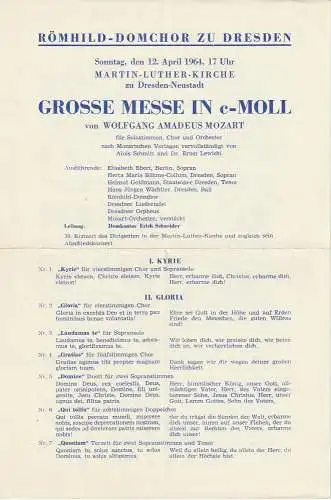 Römhild-Domchor zu Dresden: Programmzettel  Wolfgang Amadeus Mozart GROSSE MESSE IN C-MOLL 12. April 1964 Martin-Luther-Kirche zu Dresden-Neustadt. 