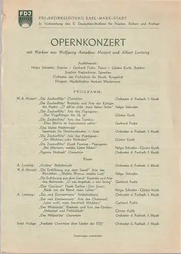 FDJ Bezirksleitung Karl-Marx-Stadt: Theaterzettel OPERNKONZERT ORCHESTER DER FACHHOCHSCHULE FÜR MUSIK BURGSTÄDT ca. 1954. 