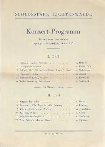 Blasorchester Frankenberg: Theaterzettel KONZERT-PROGRAMM BLASORCHESTER FRANKENBERG Schlosspark Lichtenwalde 1964. 