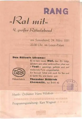 Kurt Wagner: Programmheft RAT MIT ! 4. großer Rätselabend am 24. März 1951 im Luxor-Palast. 