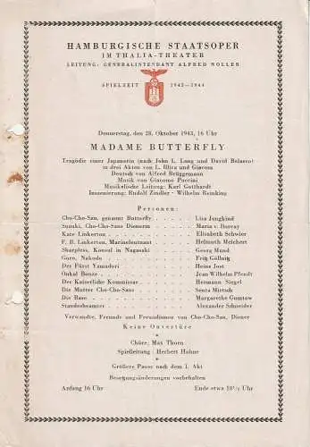 Hamburgische Staatsoper im Thalia-Theater, Alfred Noller, Carl Werckshagen: Theaterzettel Giacomo Puccini MADAME BUTTERFLY 28. Oktober 1943 Spielzeit 1943 / 44. 
