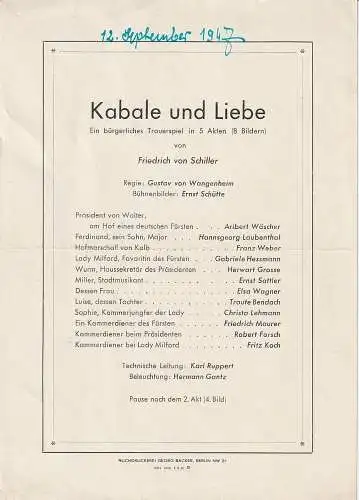 Max Reinhardts Deutsches Theater: Theaterzettel Friedrich von Schiller KABALE UND LIEBE 1947. 