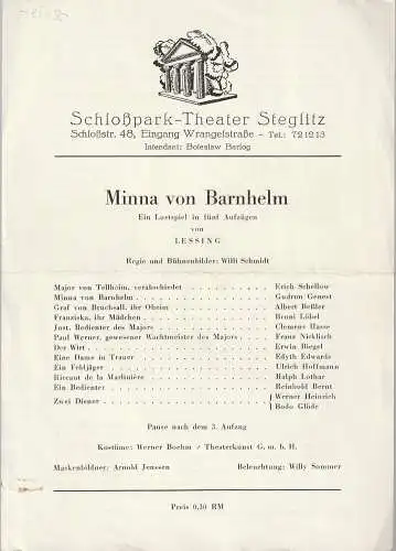 Schloßpark-Theater Steglitz, Boleslaw Barlog: Theaterzettel Gotthold Ephraim Lessing MINNA VON BARNHELM 1948. 