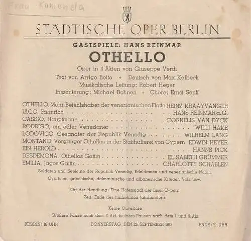 Städtische Oper Berlin, Gastspiele: Hans Reinmar: Programmheft Giuseppe Verdi OTHELLO 25. September 1947. 
