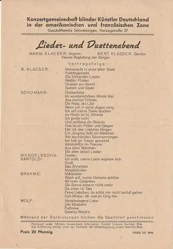 Konzertgemeinschaft blinder Künstler Deutschland in der amerikanischen und französischen Zone: Theaterzettel LIEDER -und DUETTABEND ca. 1948. 