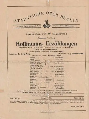Städtische Oper Berlin: Theaterzettel Jacques Offenbach HOFFMANNS ERZÄHLUNGEN 26. August 1926. 
