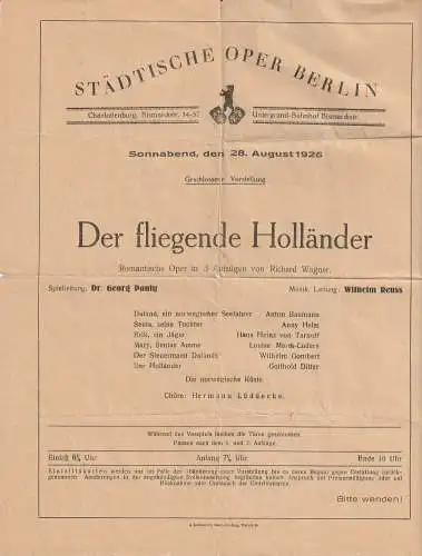 Städtische Oper Berlin: Theaterzettel Richard Wagner DER FLIEGENDE HOLLÄNDER 28. August 1926. 