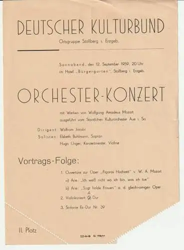 Deutscher Kulturbund Ortsgruppe Stollberg i. Erzgeb: Theaterzettel ORCHESTER-KONZERT STAATLICHES KULTURORCHESTER AUE I. SA. 12. September 1959 Hotel Bürgergarten Stollberg i. Erzgeb. 