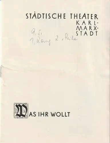 Städtische Theater Karl-Marx-Stadt, Paul Herbert Freyer, Wolf Ebermann, Burkart Hernmarck, Ferencz Szönyl: Programmheft William Shakespeare WAS IHR WOLLT Neuinszenierung 15. März 1959 Spielzeit 1959 / 60. 