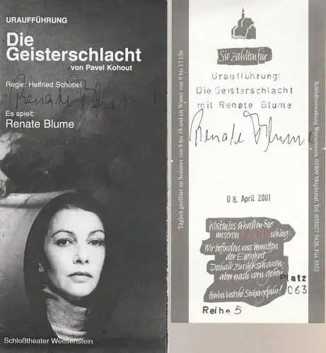 Literarisch-musikalischer Salon Dresden, Schloßtheater Weesenstein, Rolf Hoppe: Programmheft Uraufführung Pavel Kohout DIE GEISTERSCHLACHT signiert. 