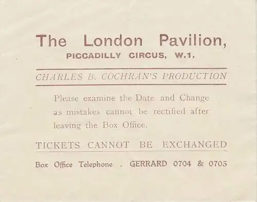 The London Pavilion, Charles B. Cochran´s Production: The London Pavilion Theatre Ticket Envelope 1928. 