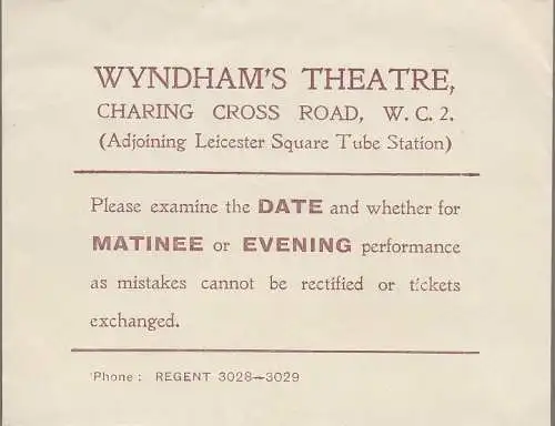 Wyndham´s Theatre: WYNDHAM´S THEATRE LONDON Theatre ticket envelope 1928 mit Ticket. 