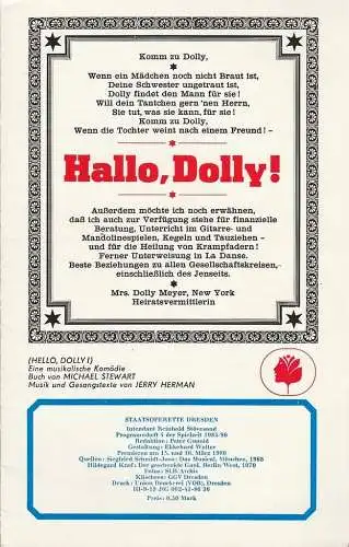 Staatsoperette Dresden, Reinhold Stövesand, Peter Gunold, Ekkehard Walter: Programmheft Jerry Herman: Hallo, Dolly ! ( Hello, Dolly ) Premiere 15. März 1986 Spielzeit 1985 / 86 Heft 4. 