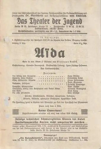 Das Theater der Jugend Berlin: Theaterzettel Giuseppe Verdi AIDA Das Theater der Jugend Berlin 1938. 