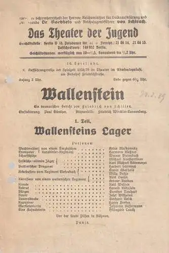 Das Theater der Jugend Berlin: Theaterzettel Friedrich von Schiller WALLENSTEINS LAGER Spielzeit 1938 / 39. 