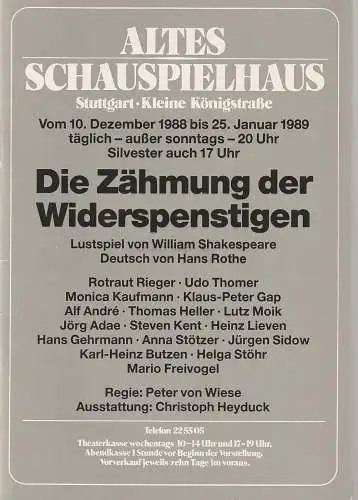 Altes Schauspielhaus und Komödie im Marquardt, Elert Bode, Klaus Engeroff: Programmheft William Shakespeare DIE ZÄHMUNG DER WIDERSPENSTIGEN Premiere 10. Dezember 1988 Spielzeit 1988 / 89. 