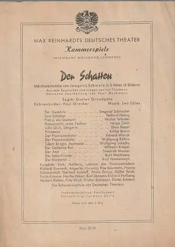 Max Reinhardts Deutsches Theater Kammerspiele, Wolfgang Langhoff: Theaterzettel Jewgenij Schwarz DER SCHATTEN Märchenkomödie. 