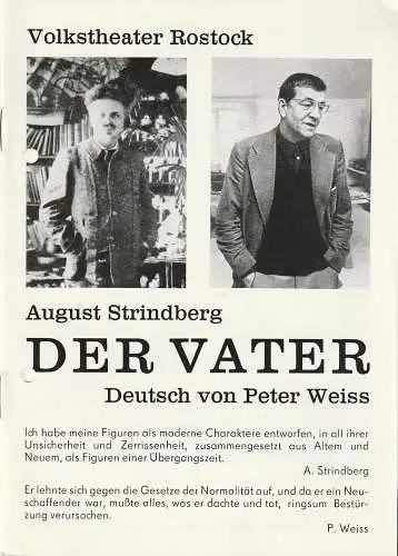 Volkstheater Rostock DDR, Hanns Anselm Perten, Christine Gundlach: Programmheft August Strindberg DER VATER Volkstheater Rostock DDR 1984. 