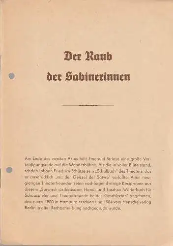 Theater der Stadt Plauen, Klaus Krampe, Günter Wolgast: Programmheft von Schönthan DER RAUB DER SABINERINNEN Premiere 23. Februar 1986 Spielzeit 1985 / 86 Nr. 11. 