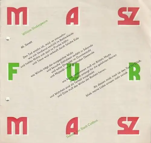 Theater der Stadt Cottbus, Johannes Steurich, Jutta Maria Winkler, Hans-Hermann Liebrecht: Programmheft William Shakespeare Maß FÜR Maß Theater Cottbus 1988. 
