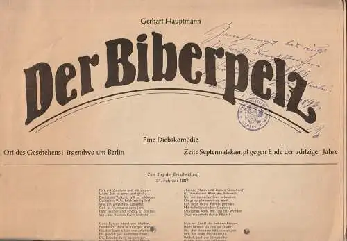 Städtische Theater Karl-Marx Stadt, Gerhard Meyer, Andrea Koschwitz, Florian Morgenstern: Programmheft Gerhart Hauptmann DER BIBERPELZ Theater Karl-Marx Stadt 1984. 