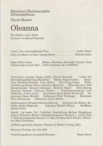 Münchner Kammerspiele, Schauspielhaus, Dieter Dorn, Michael Huthmann, Laura Olivi: Programmheft Oleanna David Mamet Münchner Kammerspiele 22. Juli 1994. 