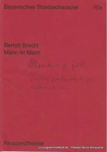 Bayerisches Staatsschauspiel, Residenztheater, Helmut Henrichs, Ernst Wendt: Programmheft MANN IST MANN. Lustspiel von Bertolt Brecht. Premiere 12. März 1969. 