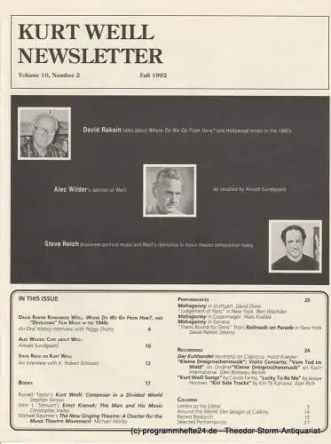Kurt Weill Foundation, David Farneth, Mario R. Mercado: Kurt Weill Newsletter Volume 10, Number 2 Fall 1992. 