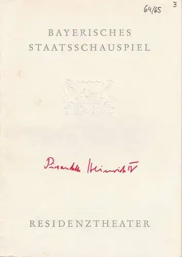 Bayerisches Staatsschauspiel, Residenztheater, Helmut Henrichs, Gerhard Reuter: Programmheft Heinrich der Vierte von Luigi Pirandello. Premiere 1. Dezember 1964 Spielzeit 1964 / 65 Heft 3. 
