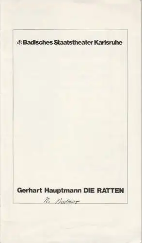 Badisches Staatstheater Karlsruhe, Günter Könemann, Peter Wilcke: Programmheft Die Ratten von Gerhart Hauptmann. Premiere 21. Dezember 1980 Spielzeit 1980 / 81 Heft Nr. 4. 