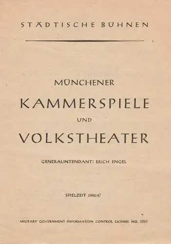 Münchner Kammerspiele und Volkstheater, Erich Engel: Programmheft Der Sturm von William Shakespeare Spielzeit 1946 / 47. 