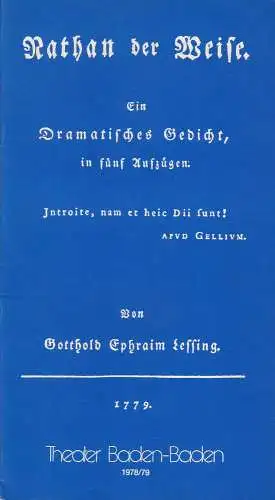 Theater Baden-Baden, Wolfgang Poch, Lothar Ruff: Programmheft NATHAN DER WEISE Theater Baden-Baden 1979. 