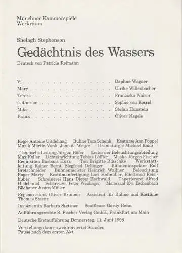 Münchner Kammerspiele, Dieter Dorn, Michael Raab: Programmheft Gedächtnis des Wassers von Shelagh Stephenson. Premiere 11. Juni 1998 Spielzeit 1997 / 98 Werkraum Heft 3. 