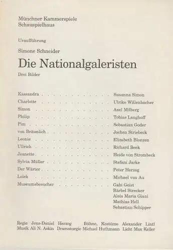 Münchner Kammerspiele, Dieter Dorn, Michael Huthmann, Wolfgang Zimmermann: Programmheft Uraufführung Die Nationalgaleristen von Simone Schneider 8. Oktober 1994 Schauspielhaus. 