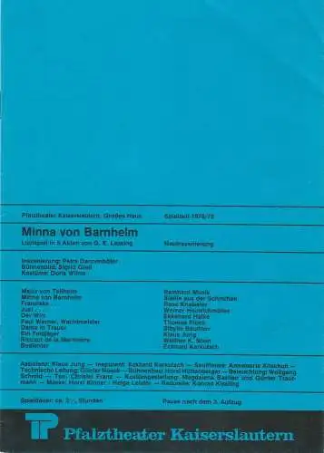 Pfalztheater Kaiserslautern, Wolfgang Blum, Petra Dannenhöfer: Programmheft Lessing Minna von Barnhelm Pfalztheater Kaiserslautern 1978. 