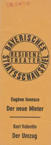 Bayerisches Staatsschauspiel, Residenztheater, Kurt Meisel, Jörg-Dieter Haas, Peter Mertz: Programmheft Eugene Ionesco: Der neue Mieter / Karl Valentin: Der Umzug. Premiere 14. Dezember 1972 Spielzeit 1972 / 73 Heft 8. 