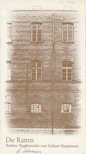 Städtische Bühnen Augsburg, Rudolf Stromberg, Hartwig Kaus: Programmheft DIE RATTEN von Gerhart Hauptmann Augsburg 1976. 