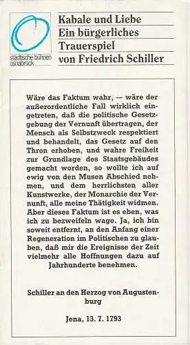Städtische Bühnen Osnabrück, Erdmut C. August, Rolf Wilken: Programmheft Friedrich Schiller Kabale und Liebe Premiere 17. September 1988 Spielzeit 1988 / 89 Osnabrücker Theaterhefte Nr. 1. 